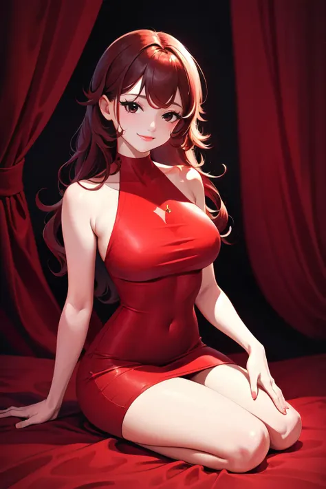 Highly detailed, High Quality, Masterpiece, beautiful, Girlfriend, <lora:FNFGirlfriend:0.9>, 1girl, solo, light smile, red dress, seiza