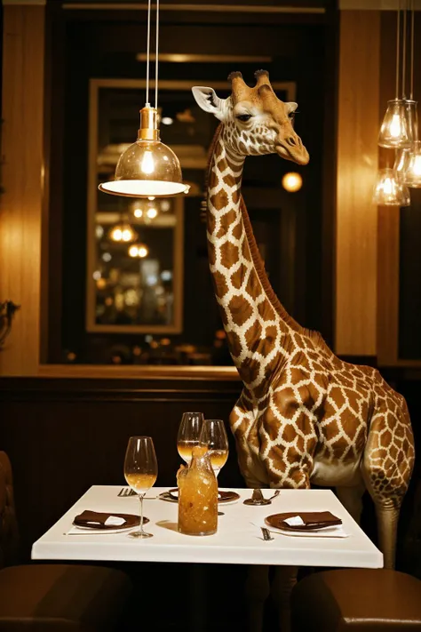 distinguished giraffe drinking in stylish restaurant, <lora:epiC35mm:1>epiC35mm