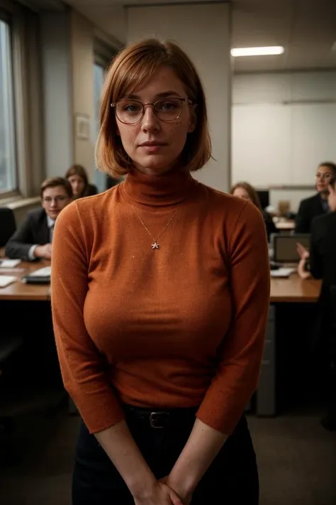 epiC35mm, 38 year old woman wearing a red turtleneck standing in a modern office, thinking, short ginger hair, bangs, freckles:0.3, eyeglasses, group of people in the background, taken on a hasselblad medium format camera, (film grain:1.5), <lora:breastsizeslideroffset:0.8>, <lora:epiC35mm:1>, <lora:add_detail:0.8>, <lora:epiCRealismHelper:1>, <lora:epiCRealLife:1>