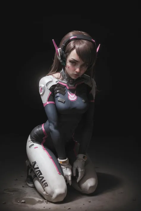 D.Va_(Overwatch),brown_hair, brown_eyes, long_hair, facial_mark, whisker_markings,bodysuit, pilot_suit, headphones, ribbed_bodysuit, gloves, white_gloves,<lora:Dva-10:0.8>, Crouched with hands on the ground, in (Gothic style:1.3), dark scene, horror, deserted carnival, night, faded lights,<lora:detail_slider_v4:-2>,<lora:epiC35mm:1> ,(epiC35mm:1.2)