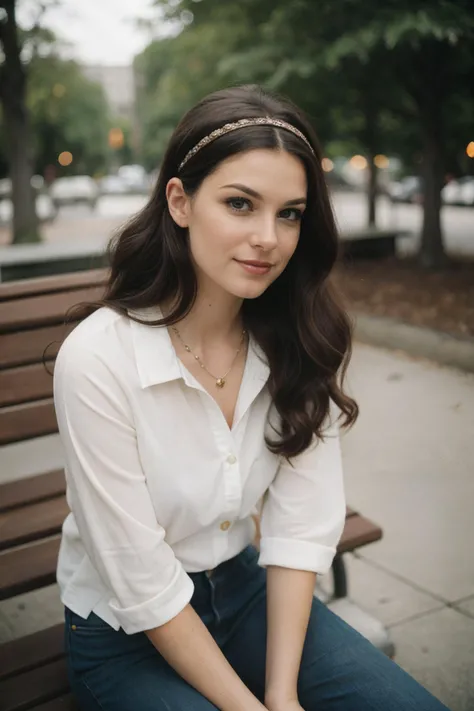portrait photo, woman wearing casual clothing, dark hair, long curls, headband, sitting on park bench, 1950s, epiC35mm, <lora:epiC35mm:.6>