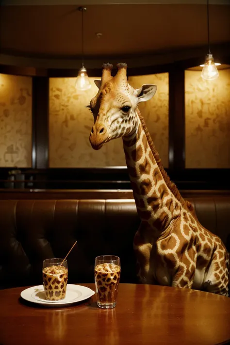 distinguished giraffe drinking in stylish restaurant, <lora:epiC35mm:1>epiC35mm