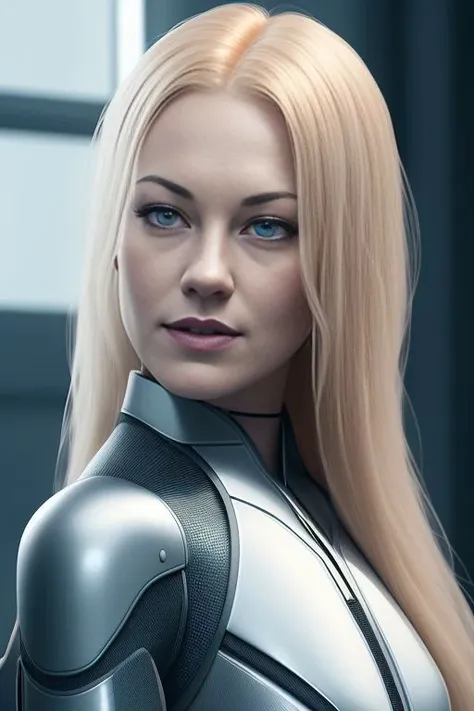 Portrait, photo of 21 year JernauYvonneStrahovski with long hair, looking at viewer, (white space suit, n7 combat armor:1), (detailed eyes:1.1), futuristic, tron, straight angled lines, spaceship interior, hangar, reflective, glass, happy, (smiling:0.5), (dramatic lighting), cinematic lighting, volumetric lighting, subsurface scattering, backlight, chromatic abberation, bloom, 4k, depth of field, masterpiece, artstation hd, wind, clean, particles, ray tracing