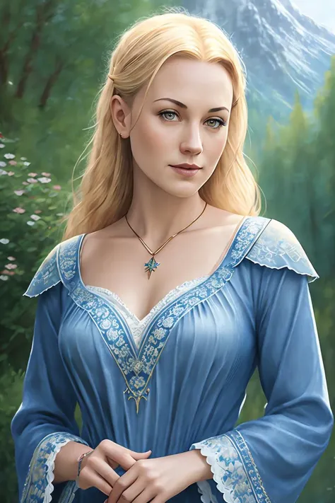 masterpiece portrait of (strah0vsky) as an elegant [Galadriel] in Middle Earth, (Rivendell in the background), (smiling), (Feminine), ((Sexy Face)), ((Blue tunic)), ((detailed pupils)), digital painting, extremely detailed, 4k, intricate, brush strokes, ((art by mark arian, artgerm and bastien lecouffe-deharme))