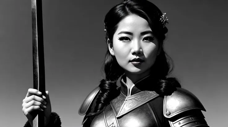Film noir style Food photography style a charcoal drawing of a beautiful Asian woman, warrior, in armor, holding a katana, in the style of a charcoal drawing by Stephen Gammell, cgsociety, sots art, matte drawing, concept art . Appetizing, professional, culinary, high-resolution, commercial, highly detailed . Monochrome, high contrast, dramatic shadows, 1940s style, mysterious, cinematic