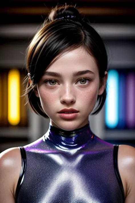 Food photography style Hyperrealistic art photo portrait of (LydiaGraham), (light silver holographic latex leotard:1.4), beautiful azzure eyes, tall, (with extremely detailed skin and round eyes with extremely detailed pupils and irises and parted lips), fashion pose, bangs, look back, few freckles, really short hair, incredibly detailed, 3 view frames, pr0f3ss10n4l, h0l0 <lora:speedy1p5:1.15>