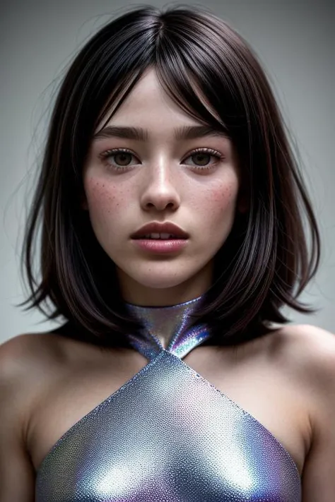 Food photography style Hyperrealistic art photo portrait of (LydiaGraham), (light silver holographic latex dress:1.4), beautiful azzure eyes, tall, (with extremely detailed skin and round eyes with extremely detailed pupils and irises and parted lips), fashion pose, bangs, look back, few freckles, really short hair, incredibly detailed, 3 view frames, pr0f3ss10n4l, h0l0 <lora:speedy1p5:1.15>