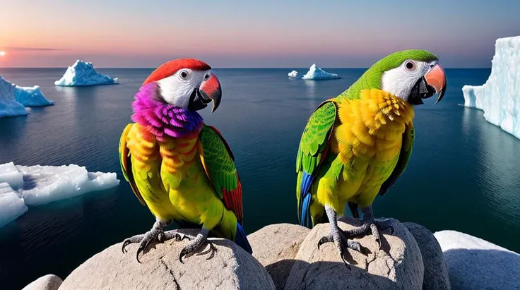Food photography style, Hyperrealistic art a parrot sits on a iceberg in sunset background,  8k dslr photograph with film grain 8k, RAW photo, dslr, realistic, ultra high res:1.2, delicate, colorful, vibrant colors, amazing scene lighting, light_on_front_face:1.3, bokeh), Extremely high-resolution details, photographic, realism pushed to extreme, fine texture, incredibly lifelike