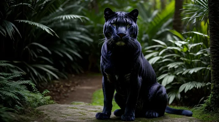 cinematic film still panther sitting in lush and vast jungle, ultra high quality, brilliant, highly detailed, UHD 8k, (crisp details), sharp focus, full body, cinematic extremely detailed wallpaper, highly detailed, extremely detailed, Cinematic Lighting, sparks, lensflare, rim lighting, backlighting, Chromatic Aberration, RTX, Post Processing, . shallow depth of field, vignette, highly detailed, high budget, bokeh, cinemascope, moody, epic, gorgeous, film grain, grainy