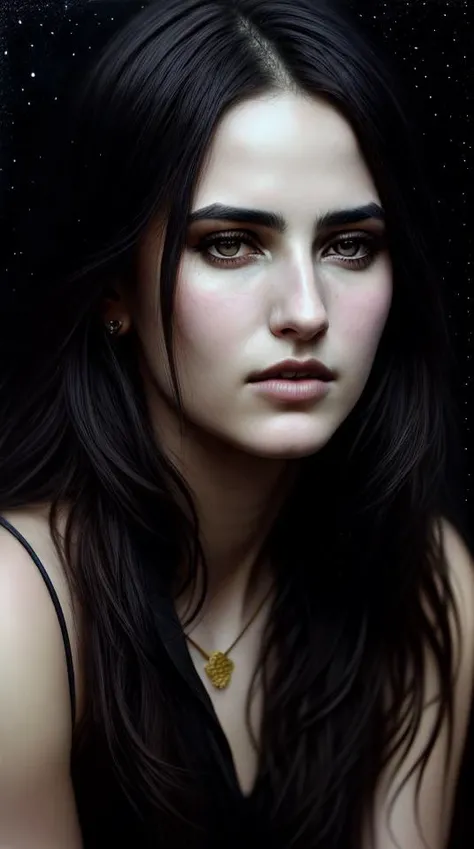 Hyperrealistic art close-up, 8k, hdr, rgb, portrait, A stunning Aquarius constellation rendered in intricate line art, shining in gold against a deep black background. The interplay of light and shadow gives the piece depth and dimension, creating a hauntingly beautiful image of this gothic muse. Anna Razumovskaya, Gabriele Del Otto, Casey Baugh, Antonio Mora, Aminola Rezai, Giovanni Boldini . Extremely high-resolution details, photographic, realism pushed to extreme, fine texture, incredibly lifelike