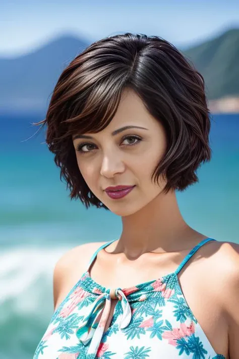 cath3rin3b311, very short hair, beach, (High neck fitted sundress:1.1), cloud, day, floral print, horizon, lips, mountain, ocean, outdoors, shore, sky, solo, dress, water, waves, morning, bright, <lora:Catherine_Bell_PMv1_Lora:1.3>,, detailed skin texture, (blush:0.5), (goosebumps:0.5), subsurface scattering, high quality photography, 3 point lighting, flash with softbox, 4k, Canon EOS R3, hdr, smooth, sharp focus, high resolution, award winning photo, 80mm, f2.8, bokeh, ((Close-Up))