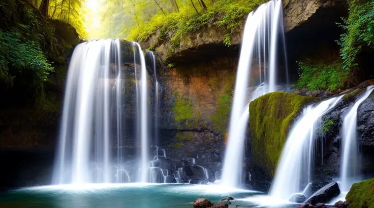 ((best quality)), ((masterpiece)), ((ultra realistic)), ((night)), award winning soft oil painting trending on artstation of a cascading rainbow waterfall,