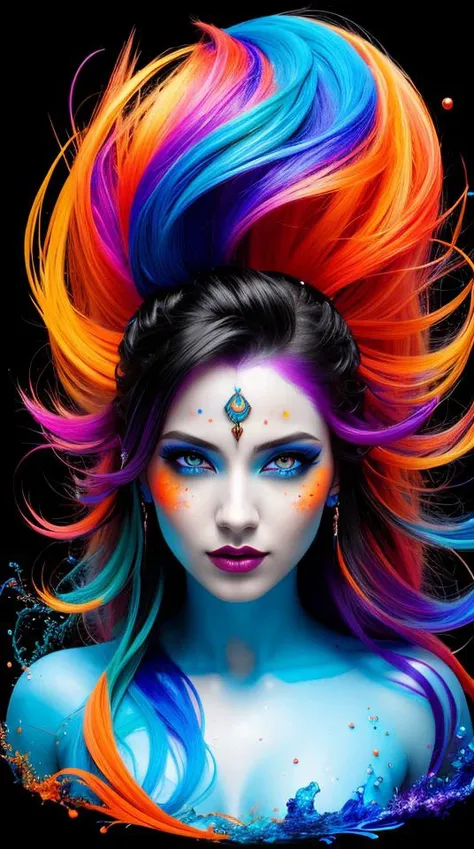 a painting of a woman with colorful hair, fantasy game spell icon, splashes of liquid, computer game art, hyperdetailed colourful, fantasy colours, avatar image, strong blue and orange colors, beautiful avatar pictures, body painted with black fluid, digital art h 9 6 0, rich colourful, miamelano