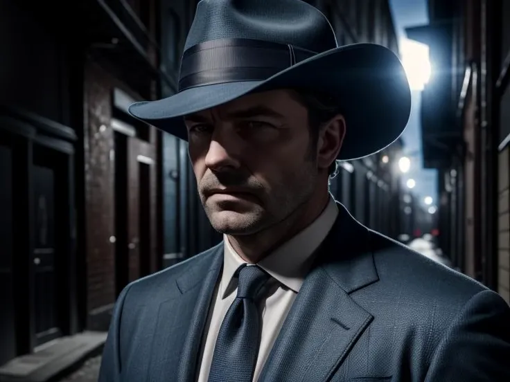 dark alley, detective in blue suit, pistol, shadow on face, low angle view, masterpiece, photorealistic, bestres, 8k uhd, ultra detailed,