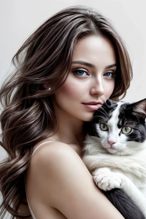 a woman cradling a cat, official art, masterpiece, best quality, unity 8k wallpaper, ultra detailed, extremely detailed, ultra high res, photorealistic, raw photo, detailed face, elegant, beautiful, aesthetic, romanticism,  (white background:1.4), film grain, Fujifilm XT3, low key, soft lighting,