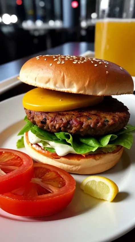 RAW photo, photo, best quality, high quality, masterpiece, high resolution, 4k, hd, dslr, soft lighting, ultra high res, Fujifilm XT, no humans, burger, plate, beautiful, two tone lighting, <lora:epiNoiseoffset_v2:1>, advertisement, foodphoto,