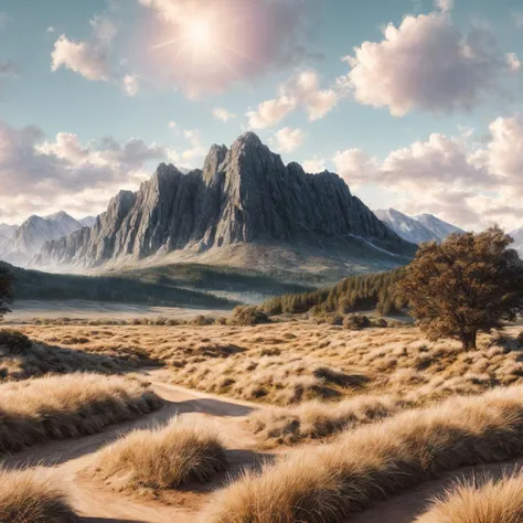 Hyperrealistic art (landscape texture+++), best quality, atmospheric scene, (clear sky backgtound++++),diffuse lighting, natural soft colors, hyper-realistic, . Extremely high-resolution details, photographic, realism pushed to extreme, fine texture, incredibly lifelike