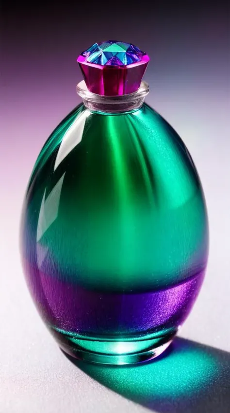 Colorful, perfume faceted bottle, no humans, gradient background, gradient, simple background, blue background, gem, (Macro), (intricate detailes: 1.3), transparent, light particles, shiny, liquid , saturated colors, crepuscular rays, soft lighting, high quality, cinematographic, film grain, Fujifilm XT3