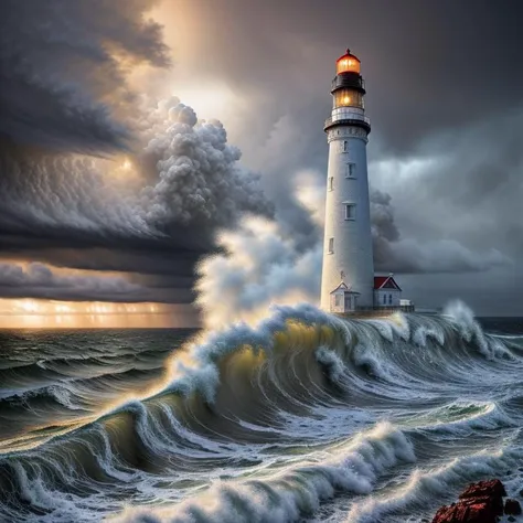 An ultra-detailed oil painting of a lighthouse surrounded by raging waves and stormy skies. (dramatic:1.4), (hyper-realistic), (highly detailed:1.5), (intricate details:1.2), (palette knife:1.2), (by Greg Manchess), (HDR:1.3), (intense:1.1), (cinematic lighting:1.3), (trending on CGsociety), (surreal:1.2), (high contrast:1.3), (oil painting texture:1.5), (dramatic shadows:1.2)