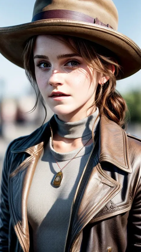 (best quality)), ((masterpiece)), ((realistic)), (detailed), portrait ((Emma Watson: 1.5) as an archaeologist), with eather cowboy hat and jacket with epaulettes), (detailed beautiful face, detail skin pores, imperfect skin, ultra-detailed body:1.3), from the front, art, artstation, (disvey cartoon style:0.7), (anime style: 0.2), dull colors, detailed digital art, trending on artstation,