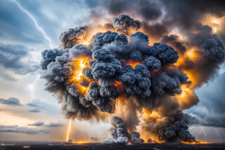 a mass explosion that destroys all of humanity, scary, massive explosion, static lightning, subsurface scattering, ultra hd, 4k, high def, Photorealistic, Hyperrealistic, Hyper detailed, analog style, realistic, masterpiece, best quality, ultra realistic, 8k, Intricate, High Detail, film photography, soft lighting, heavy shadow