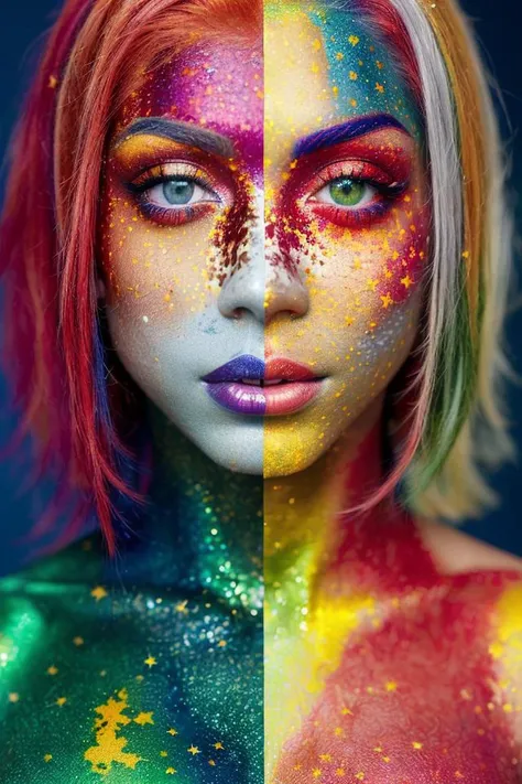 A portrait of beautiful ginger woman brilliant glitter makeup, (red and blue and yellow and green and vitiligo skin: 1.5), perfect sexy breasts, ABS, Bodybilder, hyperdetailed photography, soft light, head and breast portrait, cover,, best quality, (detailed beautiful face, detail skin texture, ultra-detailed body:1.1) <lora:locon_blood_v1_from_v1_64_32:1>