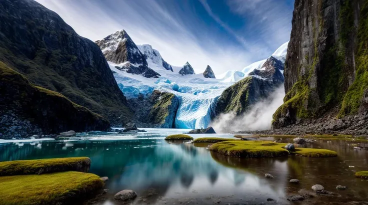 An absurdly unreal fantasy (rainforest and Antarctida) landscape inspired by the best science fiction of the twentieth century, 8k RAW photo, highest quality,