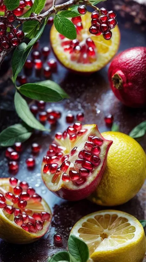 ((masterpiece:1.3,concept art,best quality)),crushed pomegranate, lemon slices, droplets, (macro: 0.9), sunlight, fantasy art, dynamic composition, dramatic lighting, epic realistic, award winning illustration