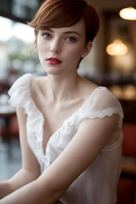 Photo of a woman sitting in a caf, young, nerdy, white shirt, bow, cozy atmosphere, (raw, highly intricate:1.3), poor quality photo, cinematic lighting,  dark shadows, looking at the viewer, slender, detailed skin, (blurred:1.1), red lips, flirting with the camera, short hair, transparent fabric, looking into the camera, lace fabric, (freckles:0.7), (smiling:0.5), reflected glass