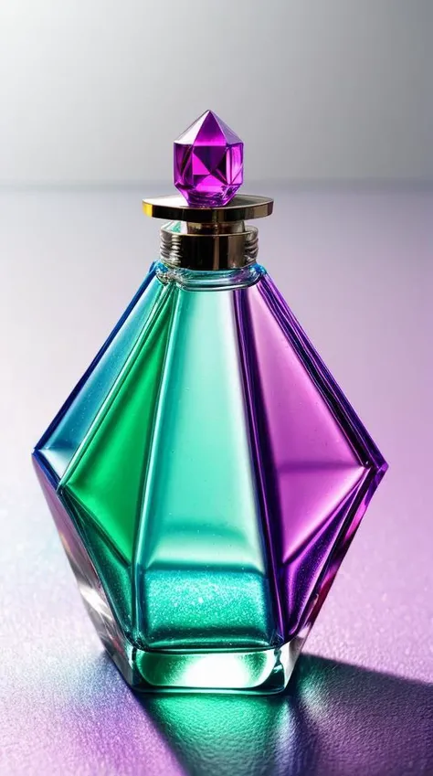 Colorful, perfume faceted bottle, no humans, gradient background, gradient, simple background, blue background, gem, (Macro), (intricate detailes: 1.3), transparent, light particles, shiny, liquid , saturated colors, crepuscular rays, soft lighting, high quality, cinematographic, film grain, Fujifilm XT3