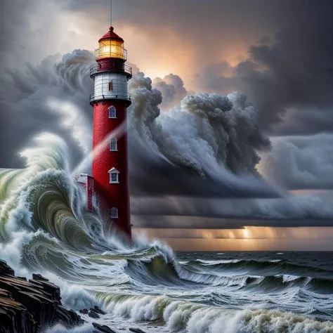 An ultra-detailed oil painting of a lighthouse surrounded by raging waves and stormy skies. (dramatic:1.4), (hyper-realistic), (highly detailed:1.5), (intricate details:1.2), (palette knife:1.2), (by Greg Manchess), (HDR:1.3), (intense:1.1), (cinematic lighting:1.3), (trending on CGsociety), (surreal:1.2), (high contrast:1.3), (oil painting texture:1.5), (dramatic shadows:1.2)