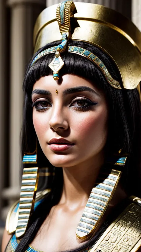 Closeup photo portrait of (young woman Cleopatra as the ancient egyptian queen), epic character composition, frontal view, atmospheric scene, masterpiece, best quality, (detailed beautiful face, detail skin texture, ultra-detailed body:1.1), diffused lighting