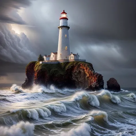 An ultra-detailed oil painting of a lighthouse surrounded by raging waves and stormy skies. (dramatic:1.4), (hyper-realistic), (highly detailed:1.5), (intricate details:1.2), (palette knife:1.2), (by Greg Manchess), (HDR:1.3), (intense:1.1), (cinematic lighting:1.3), (trending on CGsociety), (surreal:1.2), (high contrast:1.3), (oil painting texture:1.5), (dramatic shadows:1.2)