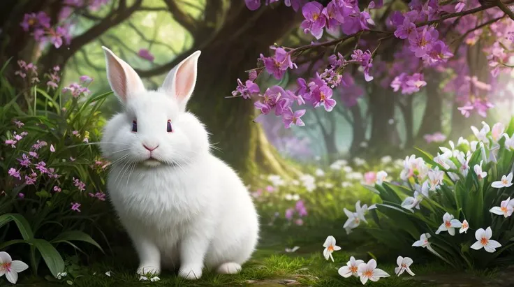 ((close up photo of a white rabbit)) in an enchanted forest, sitting on the lawn surrounded by magical flowers, lilies, orchids, daytime, fireflies, spring, crepuscular rays, fantasy cover art style, nvinkpunk Detailed landscape dndart, ((fantasy landscape)), (dnd concept environment art:1.4), volumetric fog, halation, bloom, dramatic atmosphere, centred, rule of thirds, 200mm 1.4f macro shot, fantasy style, clean art, shaded flat illustration, digital art, highly detailed, fine detail, intricate<lora:lowra_v10:0.3>
