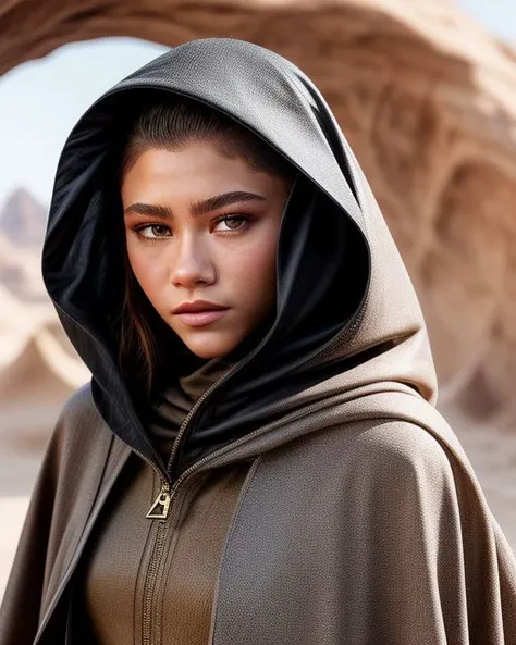 photo of beautiful JernauZendaya, wearing ([cyberpunk|sci-fi] nomad desert gear), veil, cloak, [[black robes]], (arabic desert gear:0.2), desert cave, cavern, sand, underground, scorching heat, flare, bloom, bokeh, soft light, head and breast portrait, cover, best quality, (detailed beautiful face, detail skin texture, ultra-detailed body:1.1), optical glare