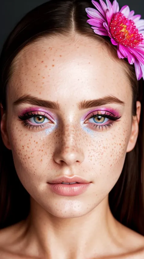 Bytle doll pink makeup with lots of glitter, bangs, layered brown hair, black eyes, freckles
