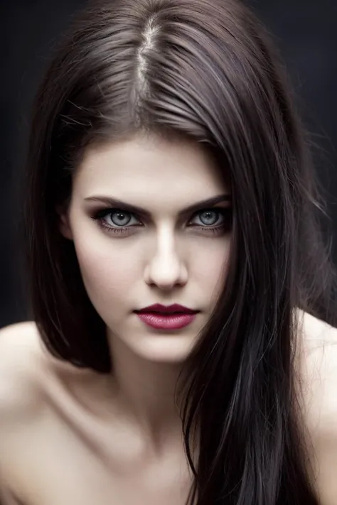 AlexandraDaddario, pale skin, evil smile, epic, (to8contrast style), (Close-up portrait), open mouth, 8k RAW photo, highest quality, detailed hazel eyes, eye reflection, winged eyeliner, (looking at the viewer:1.3), best shadow, intricate details, interior, (bold hair:1.3), muted colors, high contrast style, glam shot, smoldering, (sultry:1.1), dof, bokeh, intense, languid, tempting, sensual, seductive, longing, yearning, smitten, minimal lighting, dramatic light, rich colourful, (background inside dark, moody, private study:1.3), stark contrasts, dramatic highlights, (black backdrop:1.2), dimples, fullness, plumpness, natural blue lips, bold color, alluring, captivating, striking, unforgettable, stunning, breath-taking, timeless beauty. (bare shoulders:1.2), headshot, (detailed beautiful face, detail skin texture, ultra-detailed body:1.1), <lyco:locon_alexandra_v2_from_v2_64_32:1>