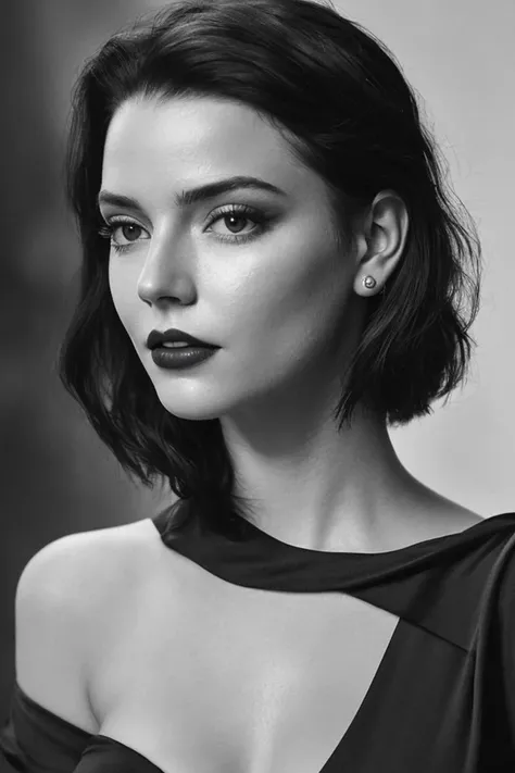 face, monochrome, portrait, 1940's hairdo, headshot, ponytail, ((cleavage)), formal hairstyle, flirty, parted lips, (looking at viewer) corneo_tracer