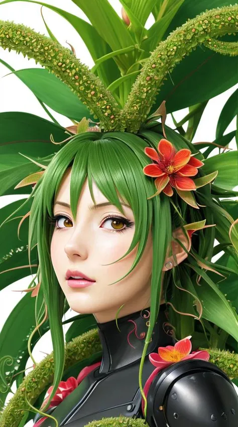 (((Anime))), (((Vector image))), ((human/plant hybrid))), ((best quality)), ((masterpiece)), ((realistic)), (detailed), photorealism:1:1, hyper-realistic, luscious lips, (cinematic, hyperdetailed, (((plant creature))), (((tentacles))), stalks, (((flower buds))), thorns, cyborg, futuristic robot, battle angel, hard lighting, beauty, vibrant colors, moss, green skin,rich vegetation), (((Anime))), (((Vector image)))