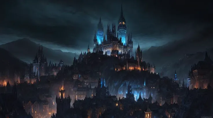 fantasy dark medieval gothic cityscape on hill, painting, lights, darkness, lanterns, people in the streets, small buildings, city wall, dark fantasy, magic the gathering, blue tint, detailed, sharp focus, hyperrealistic, fantastic artwork, 8 k, artstation, high fantasy, ravnica, volumetric lighting, strong contrast, dark sky, far shot