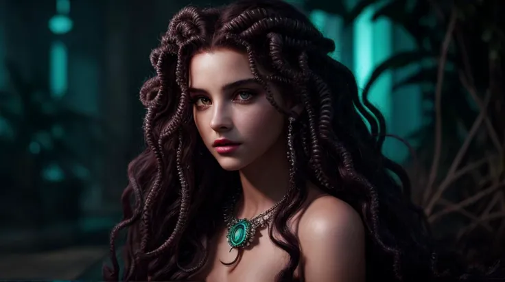 cinematic film still cyberpunk medusa, octopus goddess, portrait of teenage medusa, young woman as medusa, torquoise fantasy fanged medusa, portrait of mermaid queen, portrait of medusa, beautiful female gorgon, female medusa long hair, dark portrait of medusa,close portrait,(manga:1.3),beautiful,attractive,handsome,trending on ArtStation,DeviantArt contest winner,CGSociety,ultrafine,detailed,studio lighting . Vibrant, cute, anime, fantasy, reminiscent of Pokémon series . shallow depth of field, vignette, highly detailed, high budget, bokeh, cinemascope, moody, epic, gorgeous, film grain, grainy