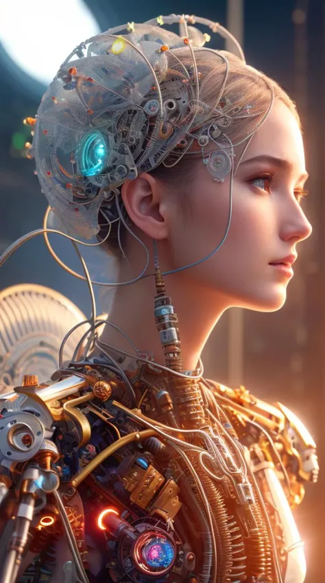 (masterpiece), (((best quality))), ((ultra-detailed)), (highly detailed CG illustration), ((an extremely delicate and beautiful)),((from below)), (seductive pose), cinematic light,((1mechanical)),solo,full body,(machine made joints:1.2),((machanical limbs)),(blood vessels connected to tubes),(mechanical vertebra attaching to back),((mechanical cervial attaching to neck)), (wires and cables attaching to neck:1.2),(wires and cables on head:1.2)(character focus),science fiction,extreme detailed,colorful,highest detailed,