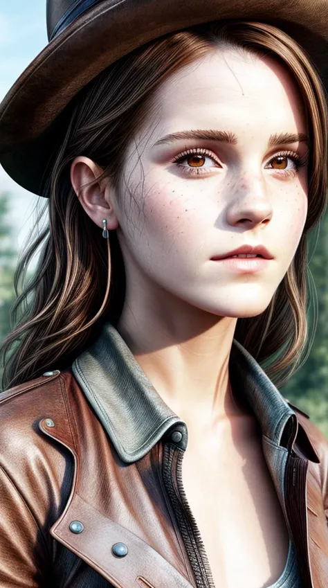(best quality)), ((masterpiece)), ((realistic)), (detailed), portrait ((Emma Watson: 1.5) as an archaeologist), with eather cowboy hat and jacket with epaulettes), (detailed beautiful face, detail skin pores, imperfect skin, ultra-detailed body:1.3), from the front, art, artstation, (disvey cartoon style:0.7), (anime style: 0.2), dull colors, detailed digital art, trending on artstation,