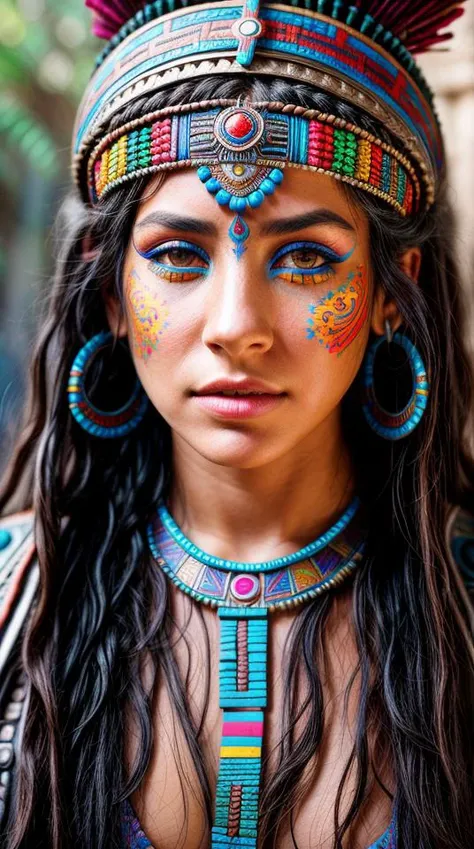Full face of tribal style ultra-detailed Scandinavian girl tattooed with Maori pattern, Hyper colors granulated with vivid surrealist prism vision, 16 K, UE5 ., Indigenous, symbolic, Highly detailed、large boob、Big belly、big butts、Facing the front、is looking at the camera、realisitic、The presence of facial tattoos、Numerous tattoos on the face,Tattoos like eyes on the forehead、brightly colored wings、Viking Shaman、
