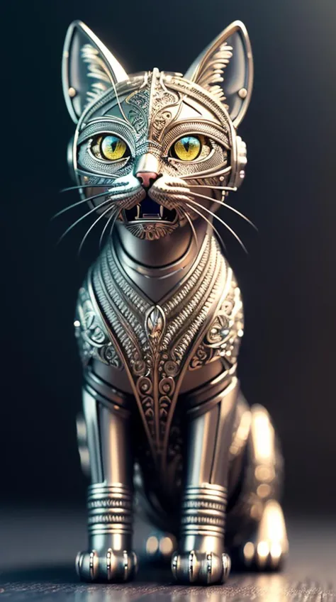 a cute kitten made out of metal, (cyborg:1.1), ([tail | detailed wire]:1.3), (intricate details), hdr, (intricate details, hyperdetailed:1.2), cinematic shot, vignette, centered, masterpiece, (intricate:1.1), best quality, 8k, open mouth:0.8, f2, 35mm, intricate, sharp focus, cinematic lighting, Realistic, volumetric shadow, subsurface scattering
