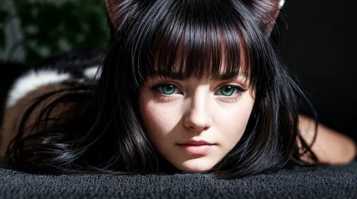 cat, cute, green eyes, small face, sleeping, official art, Best quality, masterpiece, ultra high res, (photorealistic:1.4), ((deep Focus)), (((dark shot))), raw photo, extremely delicate, intricate details, best shadow, detailed face, in the dark, deep shadow, look away, (close up:1.6), (black background:1.4), film grain, Fujifilm XT3, low key, soft lighting,