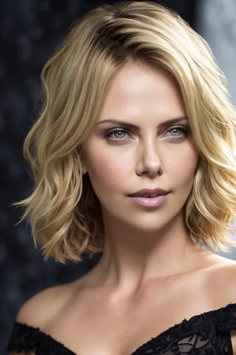 Russian Teen Charlize Theron, epic, ((happy)), (eye to eye contact), (Close-up portrait), open mouth, 8k RAW photo, highest quality, detailed hazel eyes, eye reflection, winged eyeliner, (looking at the viewer:1.3), best shadow, intricate details, interior, (short hair:1.3), muted colors, high contrast style, glam shot, smoldering, (sultry:1.1), dof, bokeh, intense, languid, tempting, sensual, seductive, longing, yearning, smitten, minimal lighting, dramatic light, rich colourful, (background inside dark, moody, private study:1.3), stark contrasts, dramatic highlights, (black backdrop:1.2), dimples, fullness, plumpness, natural blue lips, bold color, alluring, captivating, striking, unforgettable, stunning, breath-taking, timeless beauty. (bare shoulders:1.2), headshot, (detailed beautiful face, detail skin texture, ultra-detailed body:1.1), <lyco:locon_charlize_v1_from_v1_64_32:1>