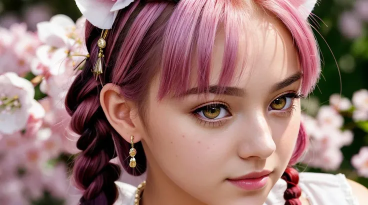 masterpiece, best quality, illustration, beautiful detailed shiny eyes, beautifully detailed skin, Depth of field, bloom, bokeh,highres, absurdres, ultradetailed,,kawaii-colors, higly detailed eyes, shiny, shiny skin, bright eyes, masterpiece, best quality, cute, 2girls, cat ears, pink hair, yellow eyes, braid, spiked hair, halterneck, loafers, buttons, zipper, earrings, cherry blossoms