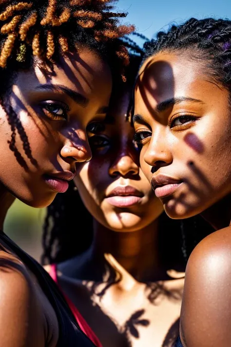 A stunning intricate full color portrait of young threesome (different skin colors) random ladyes, frontal view, atmospheric scene, masterpiece, best quality, (detailed beautiful face, detail skin texture, ultra-detailed body:1.1), sharp focus, natural lighting, subsurface scattering, film grain,