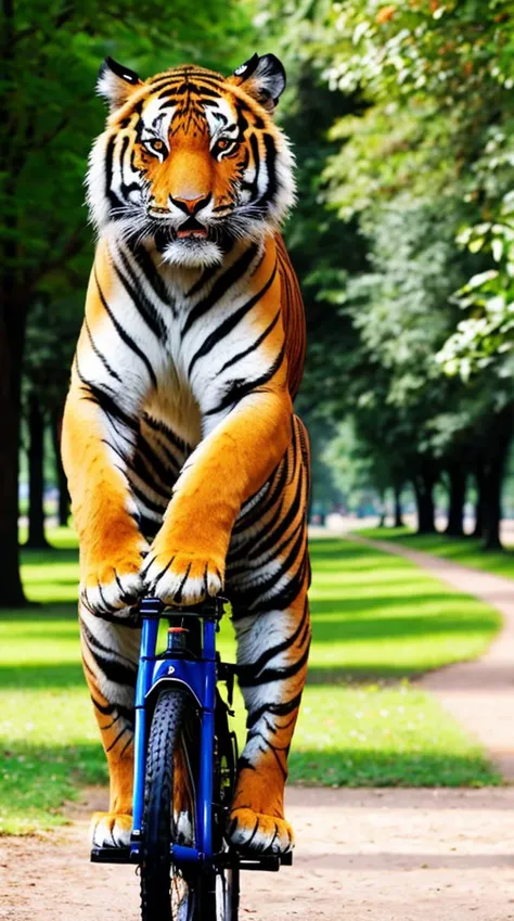 A tiger is riding a bicycle and strolling in the park